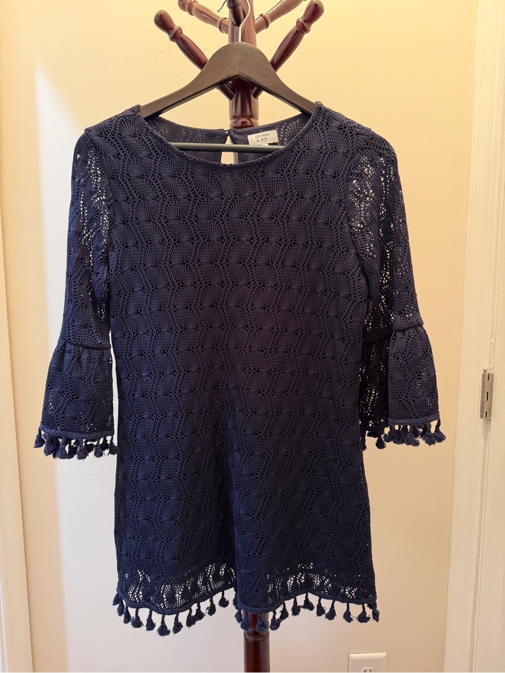crown & ivy Navy Crochet Mini Dress with Tassel Trim
